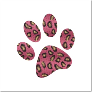 Pink paw print with leopard pattern Posters and Art